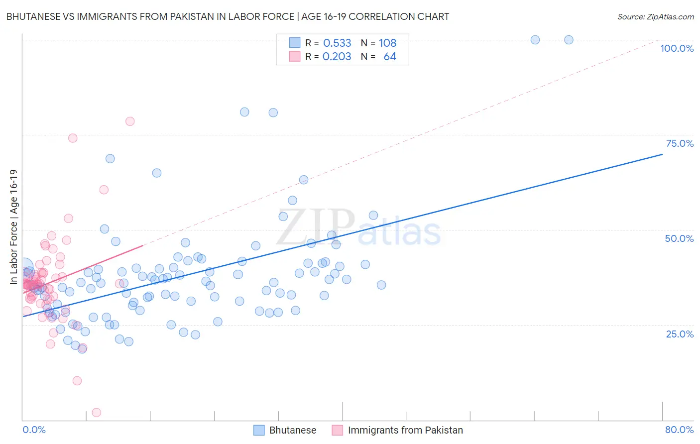 Bhutanese vs Immigrants from Pakistan In Labor Force | Age 16-19