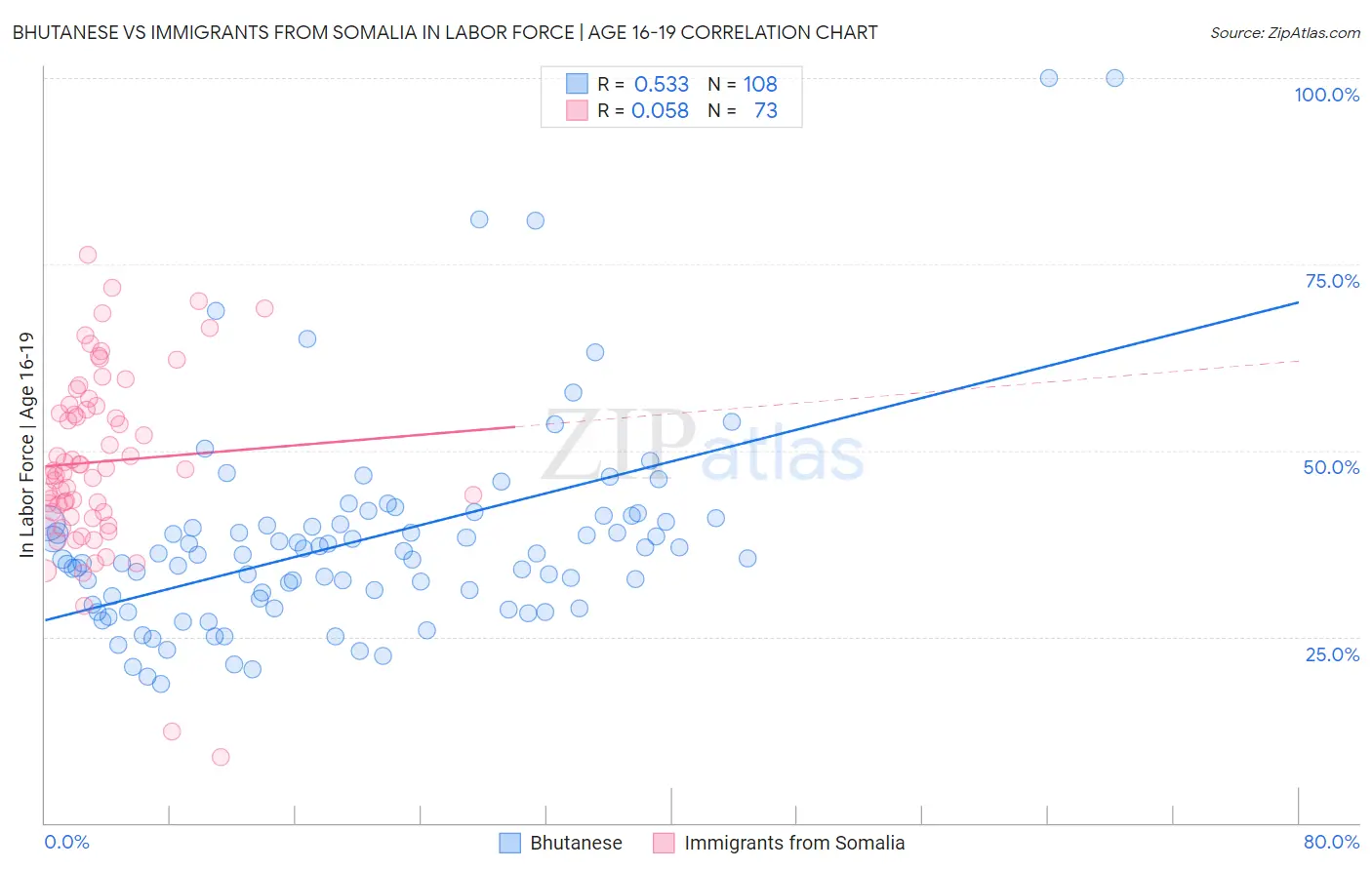 Bhutanese vs Immigrants from Somalia In Labor Force | Age 16-19