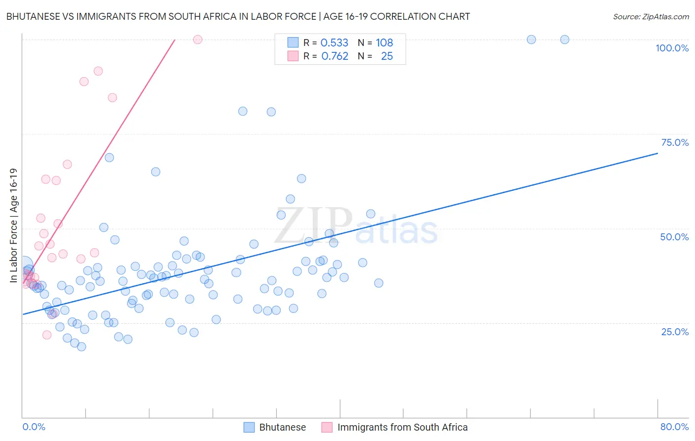 Bhutanese vs Immigrants from South Africa In Labor Force | Age 16-19