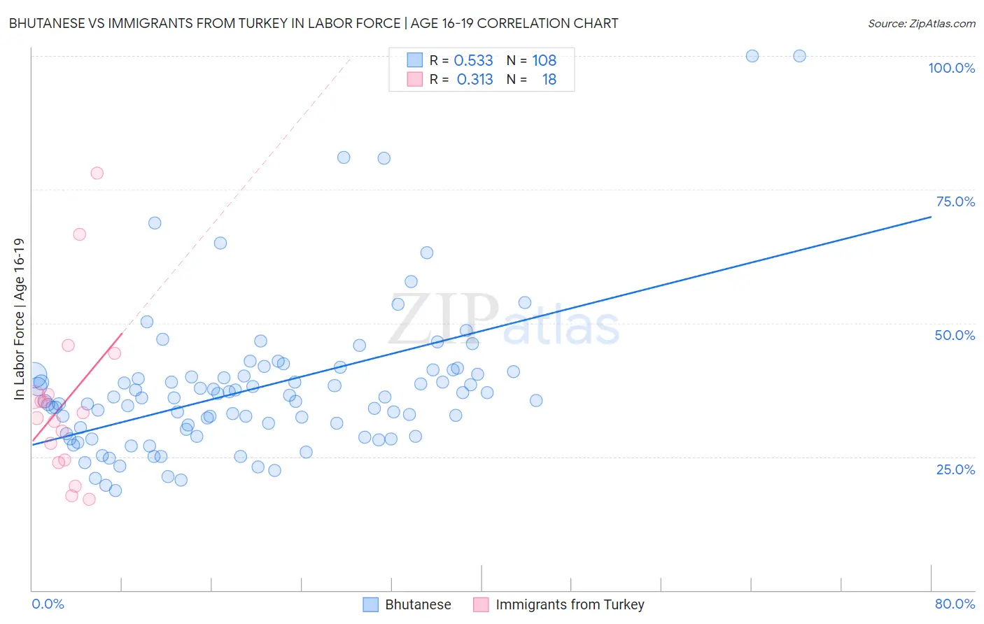 Bhutanese vs Immigrants from Turkey In Labor Force | Age 16-19