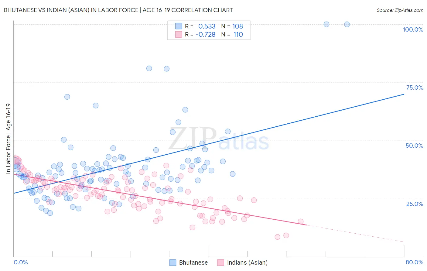 Bhutanese vs Indian (Asian) In Labor Force | Age 16-19