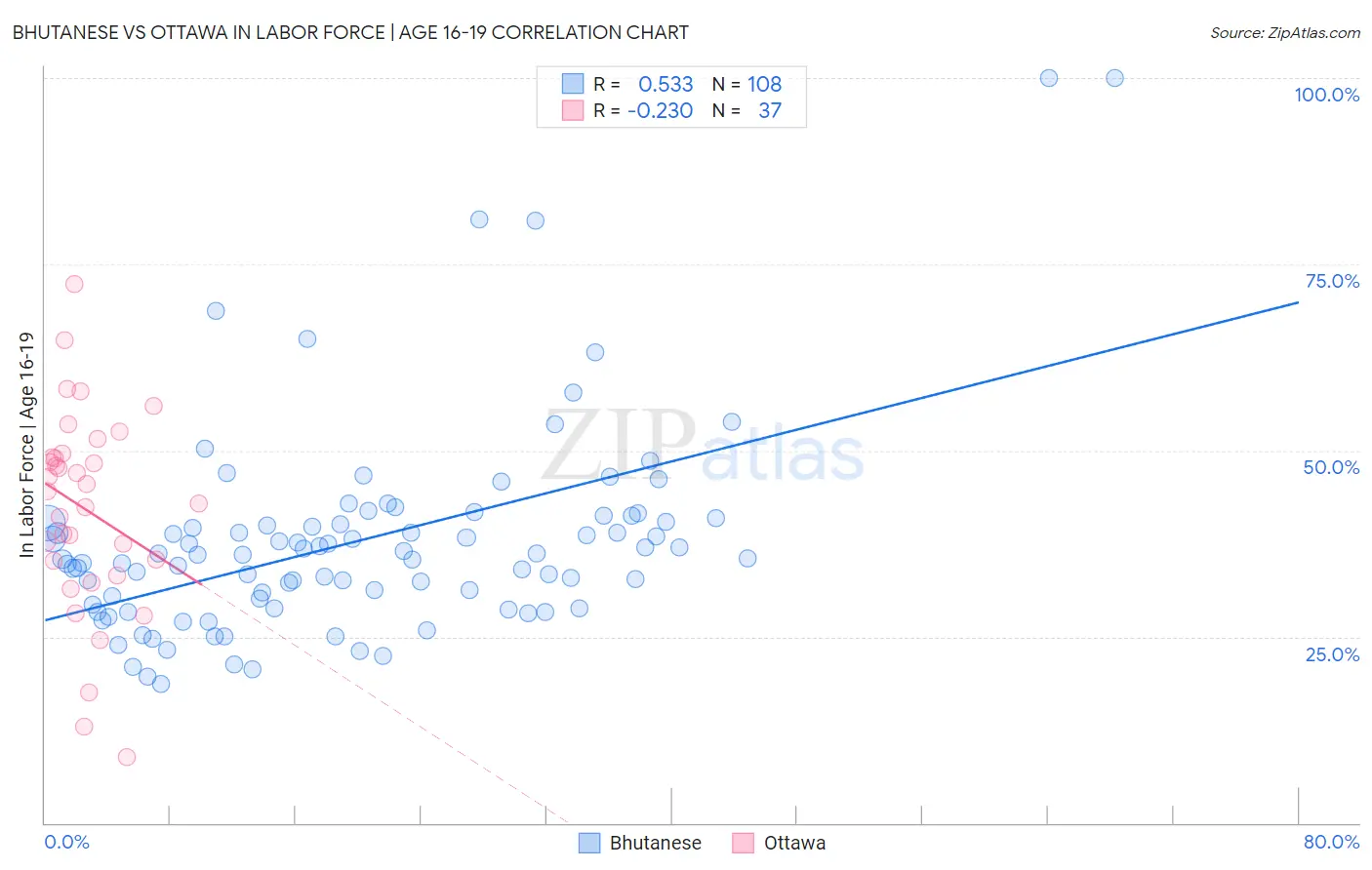 Bhutanese vs Ottawa In Labor Force | Age 16-19