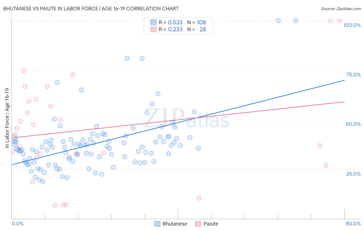 Bhutanese vs Paiute In Labor Force | Age 16-19