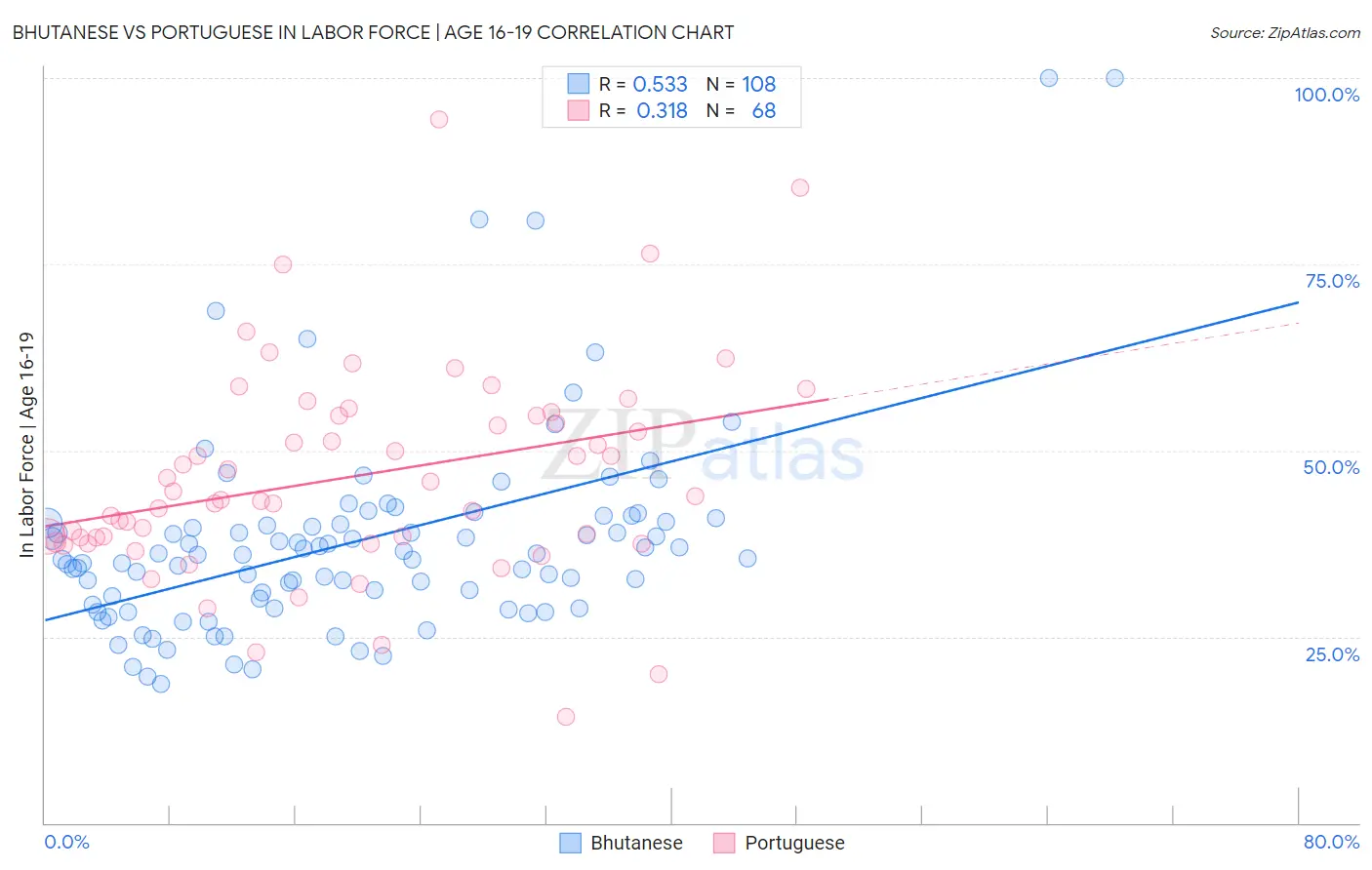 Bhutanese vs Portuguese In Labor Force | Age 16-19
