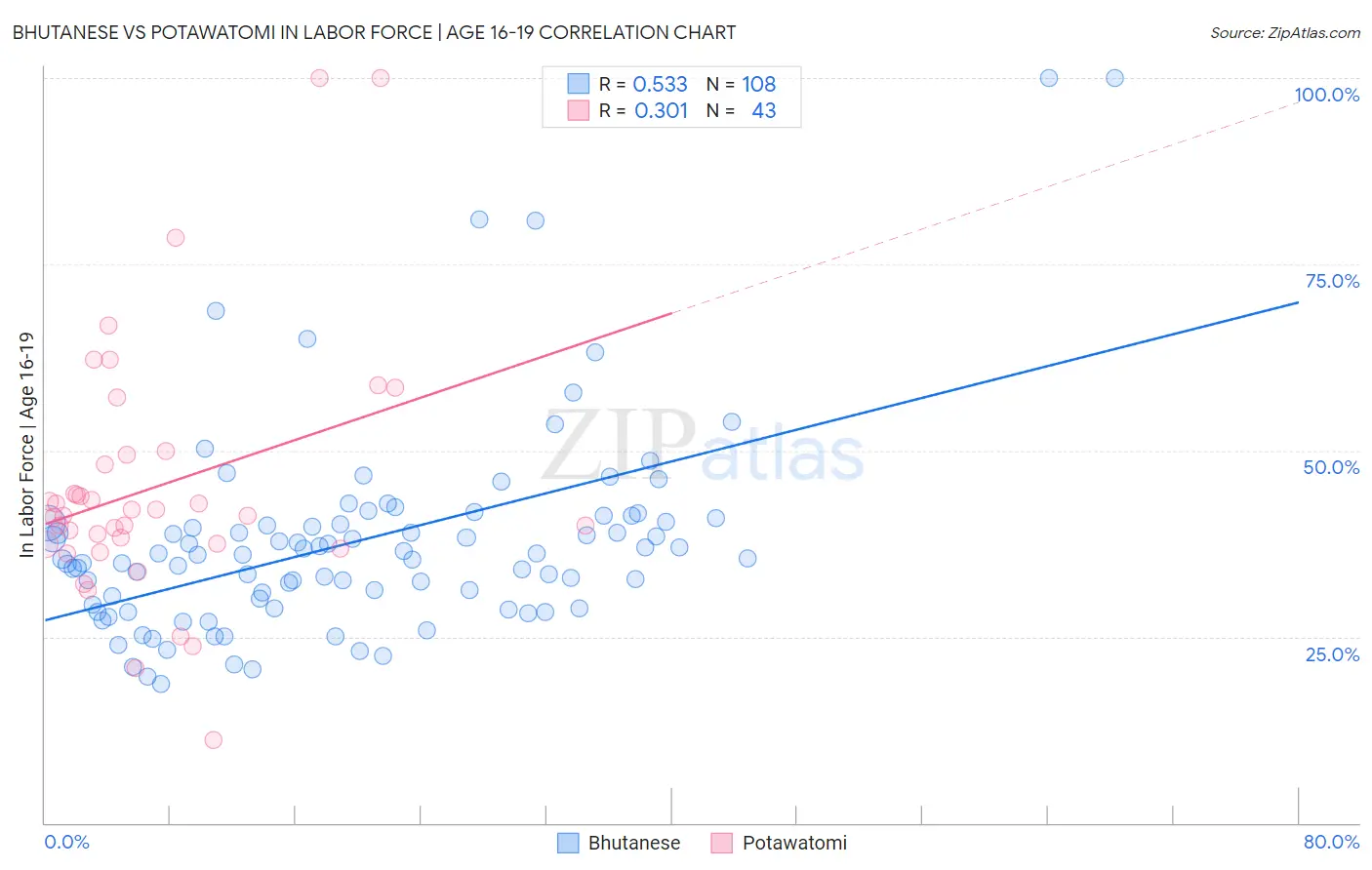 Bhutanese vs Potawatomi In Labor Force | Age 16-19
