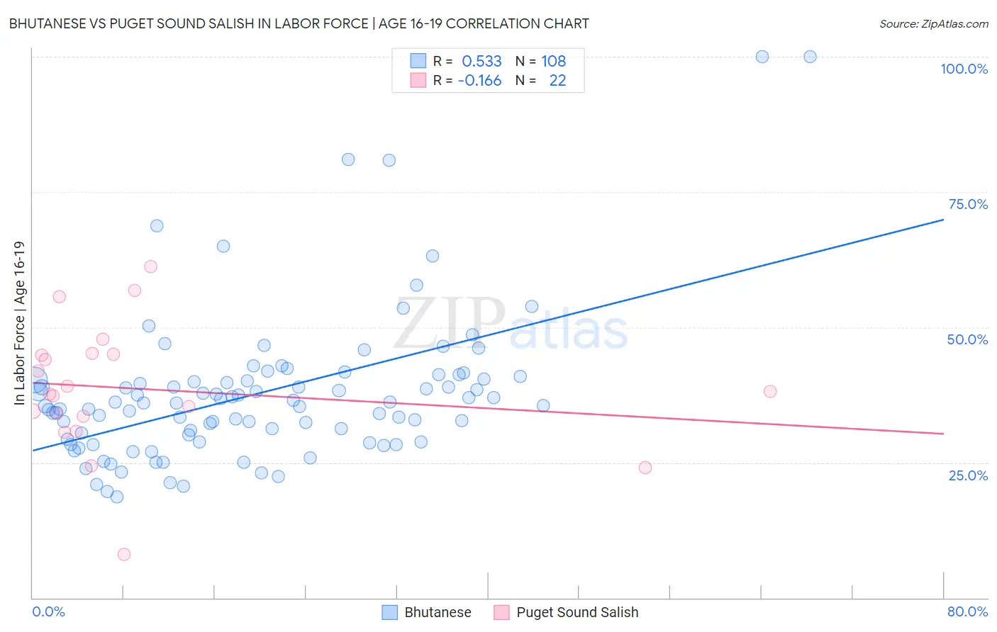 Bhutanese vs Puget Sound Salish In Labor Force | Age 16-19