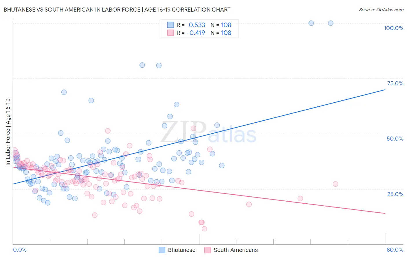 Bhutanese vs South American In Labor Force | Age 16-19