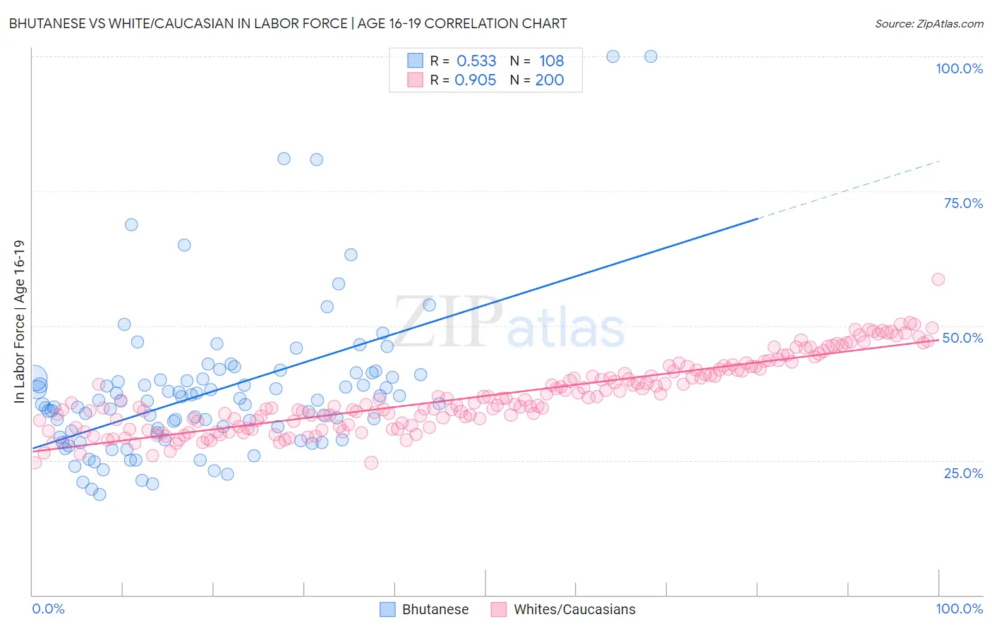 Bhutanese vs White/Caucasian In Labor Force | Age 16-19
