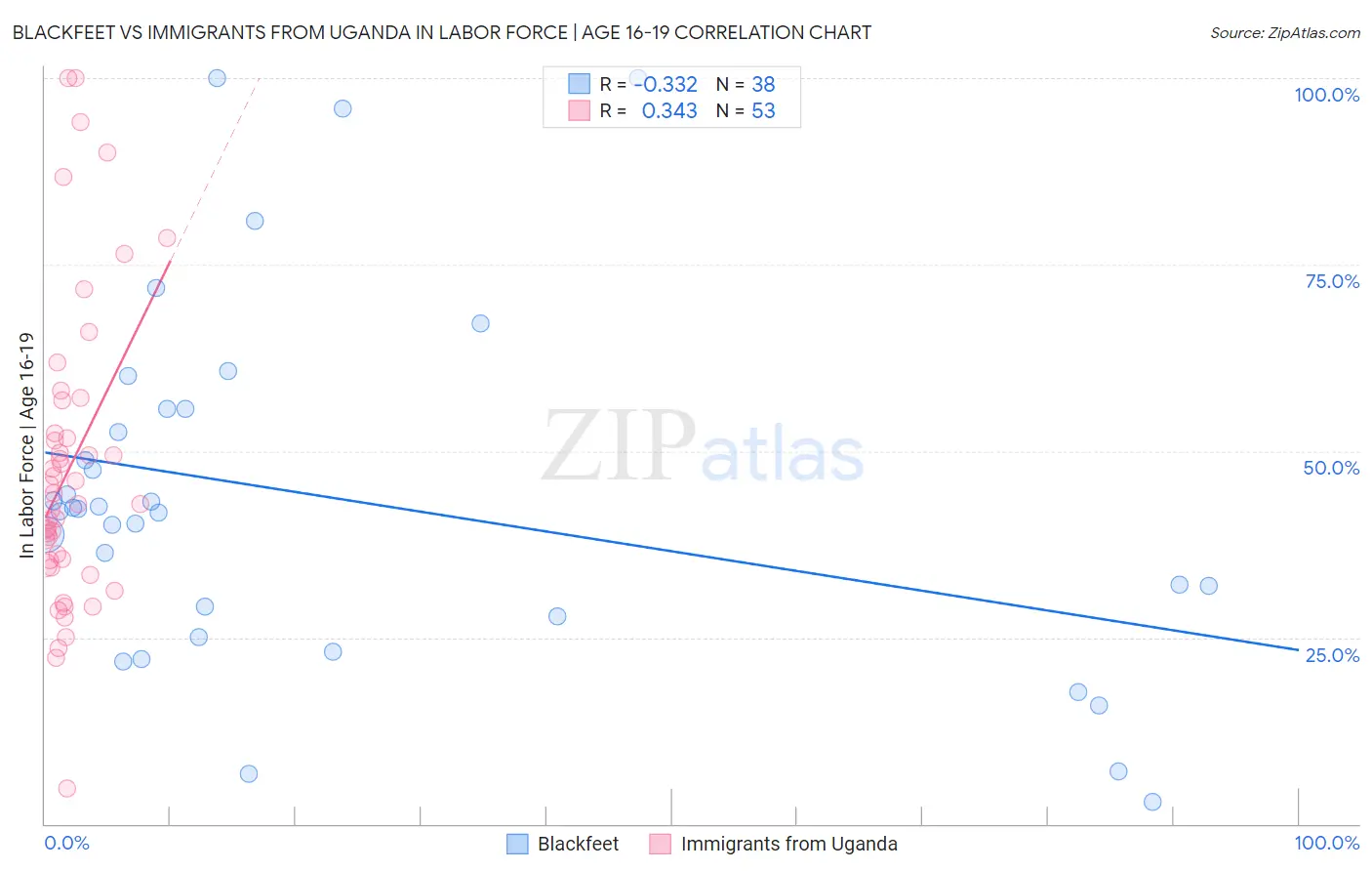 Blackfeet vs Immigrants from Uganda In Labor Force | Age 16-19