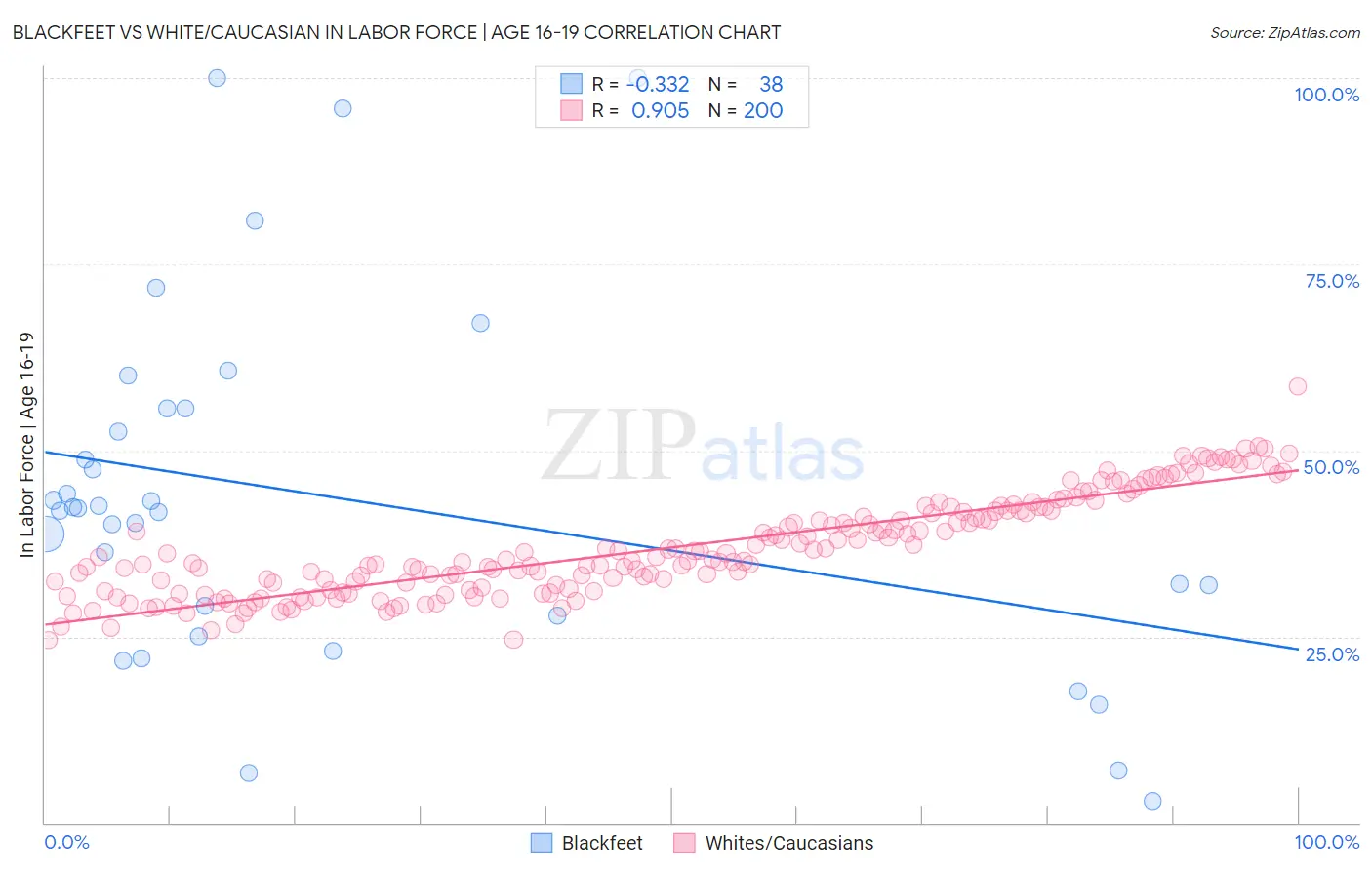 Blackfeet vs White/Caucasian In Labor Force | Age 16-19
