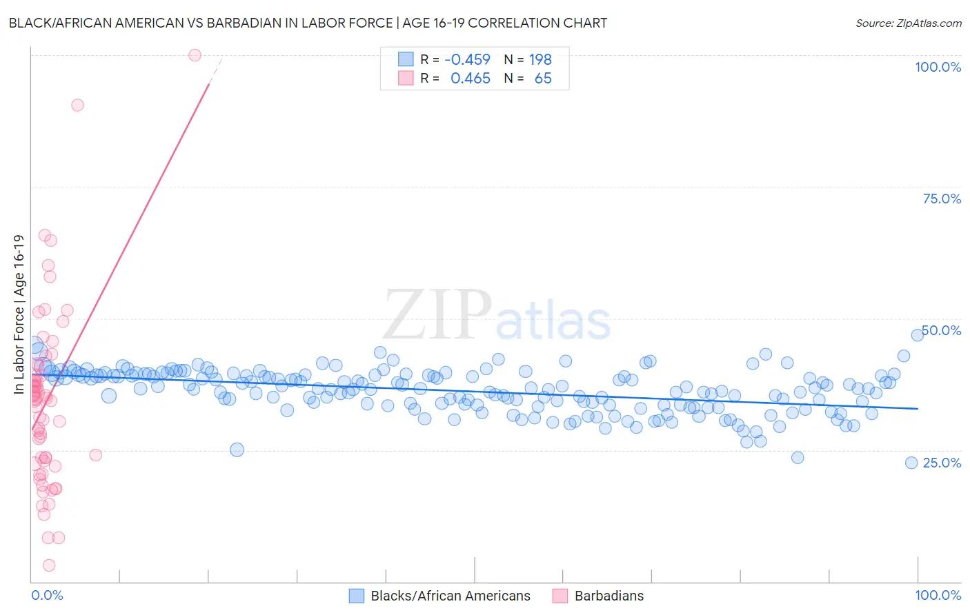 Black/African American vs Barbadian In Labor Force | Age 16-19