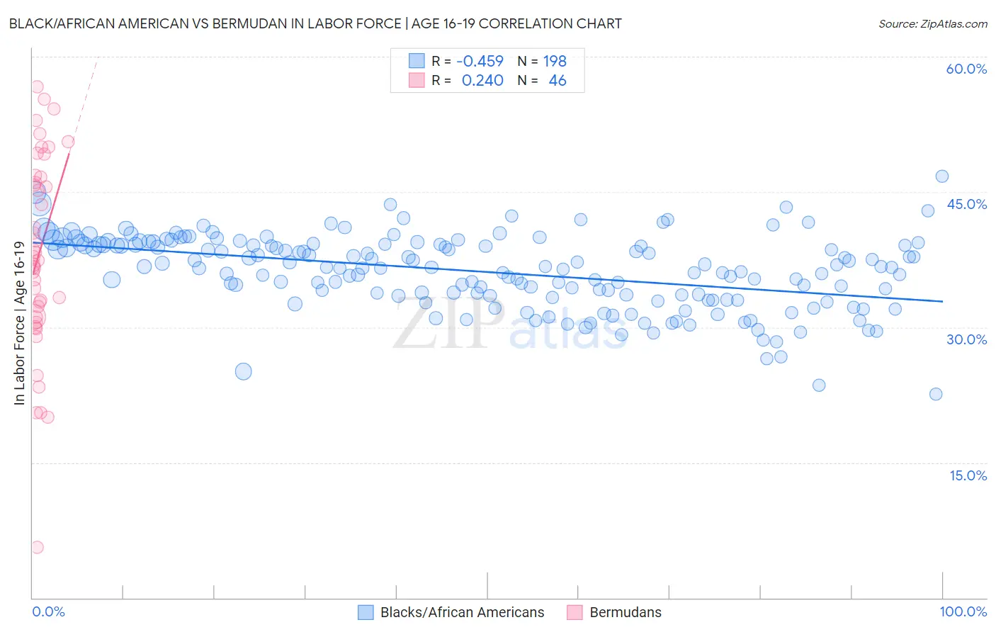 Black/African American vs Bermudan In Labor Force | Age 16-19