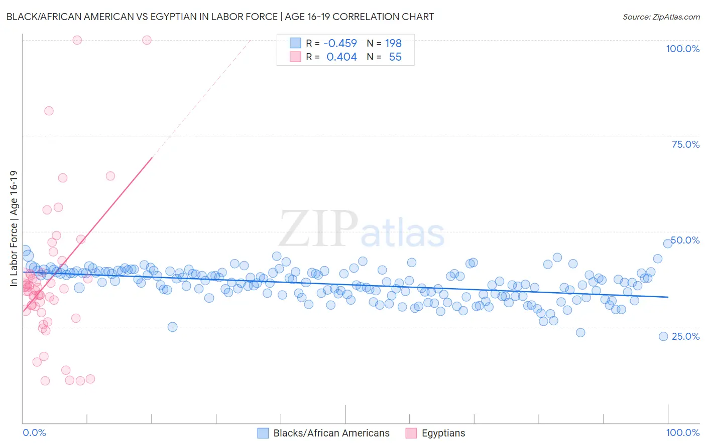 Black/African American vs Egyptian In Labor Force | Age 16-19