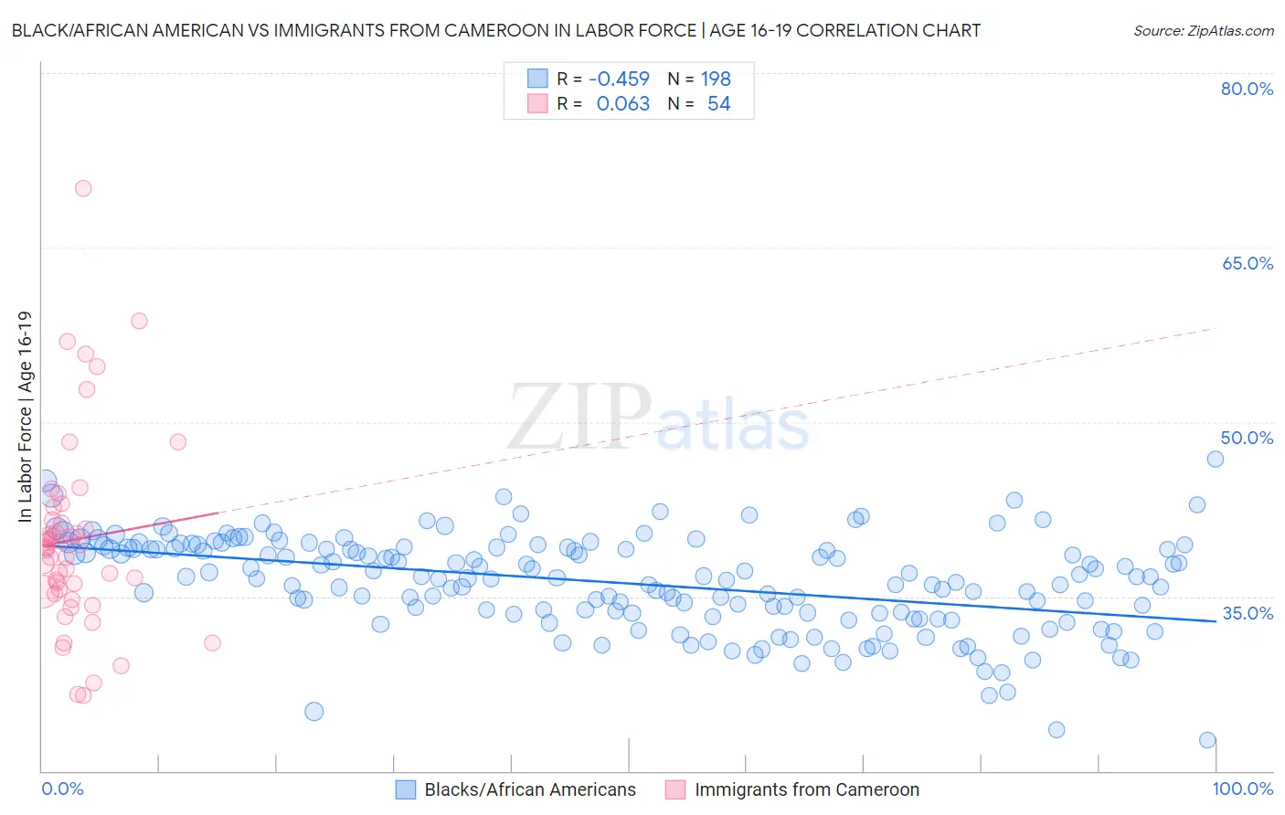 Black/African American vs Immigrants from Cameroon In Labor Force | Age 16-19