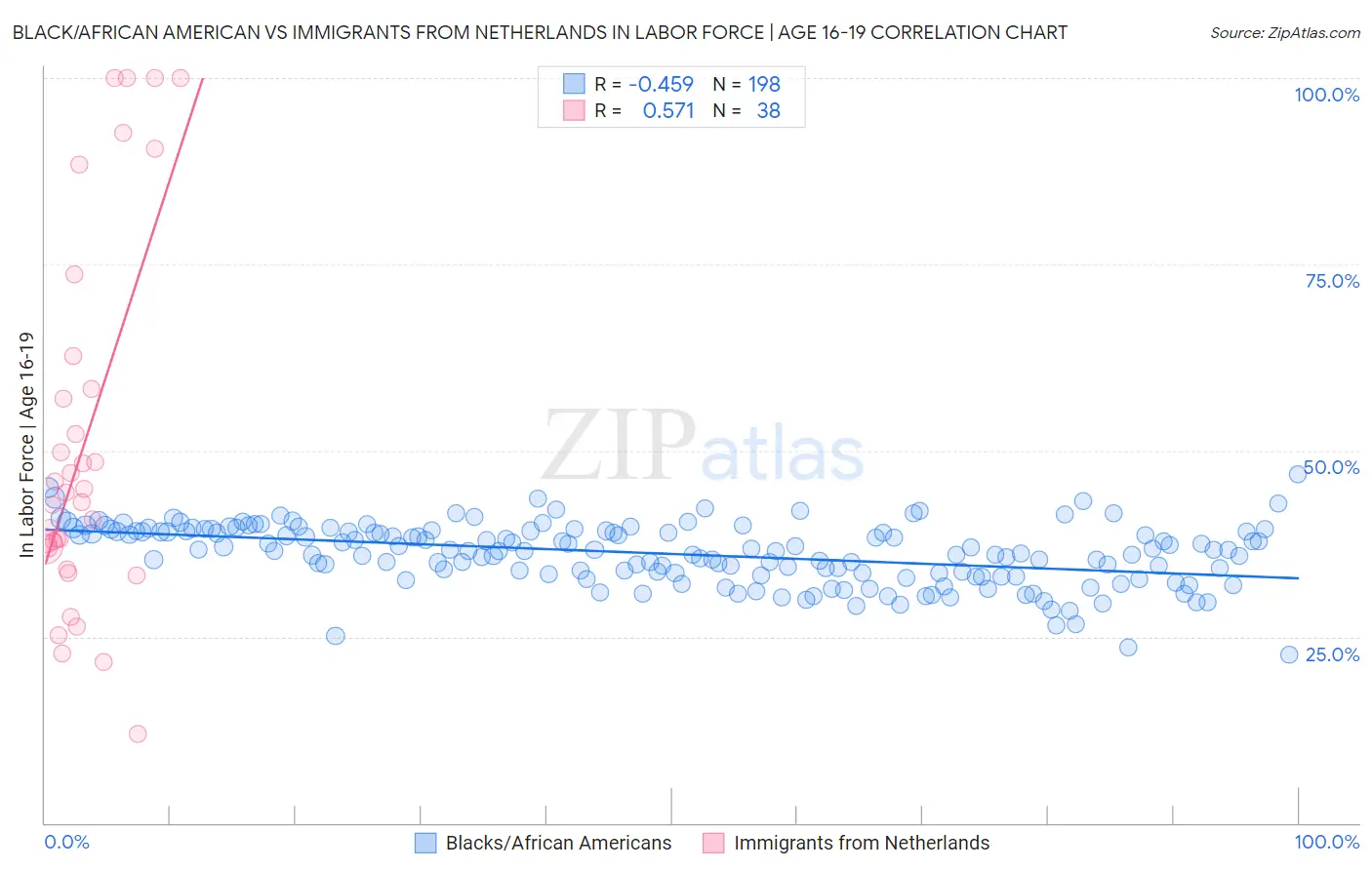 Black/African American vs Immigrants from Netherlands In Labor Force | Age 16-19