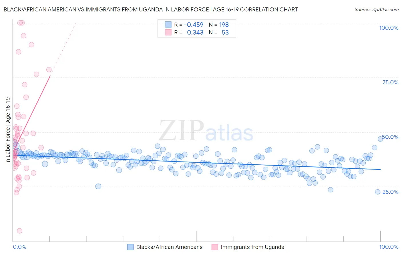 Black/African American vs Immigrants from Uganda In Labor Force | Age 16-19