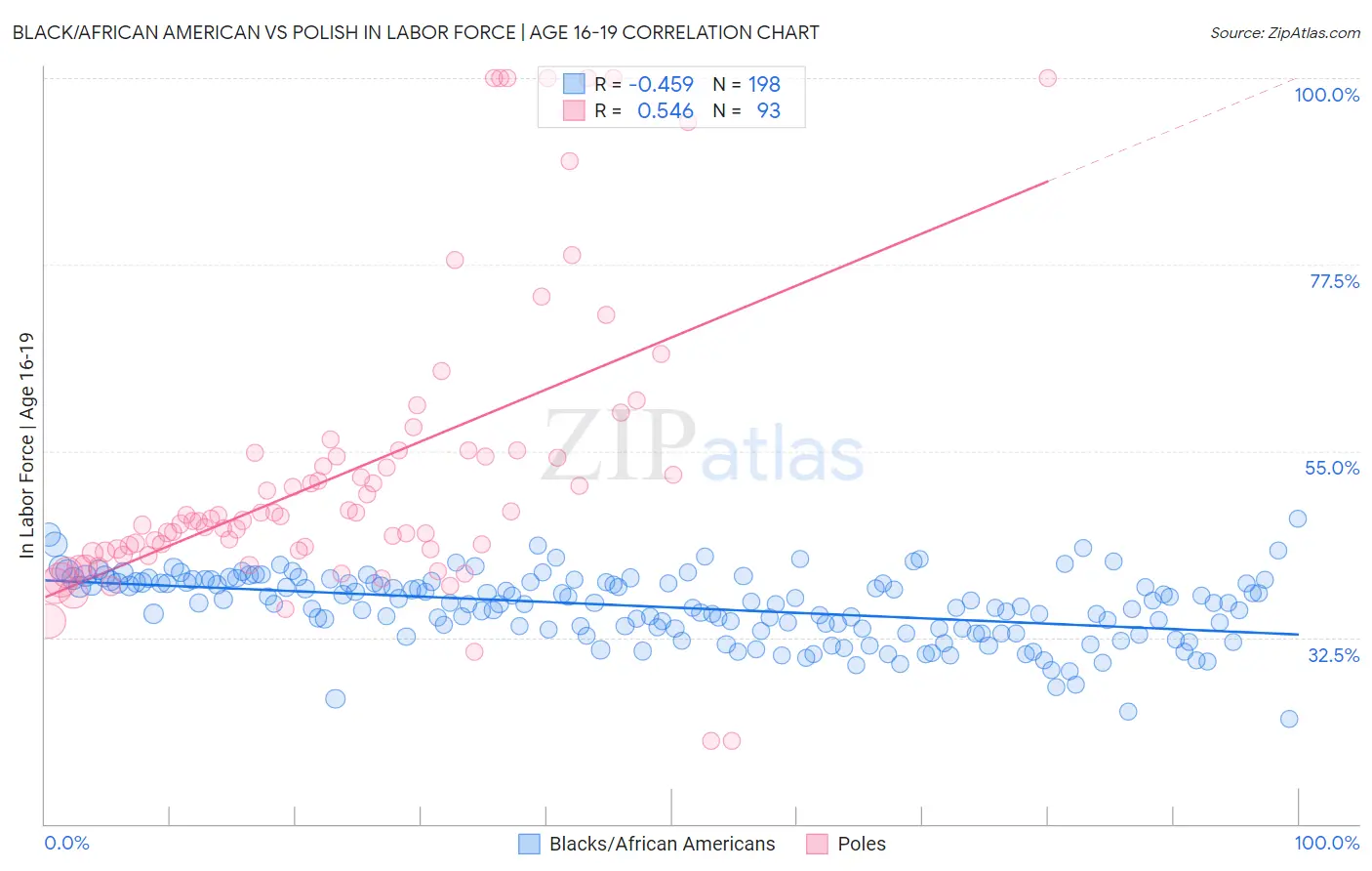 Black/African American vs Polish In Labor Force | Age 16-19