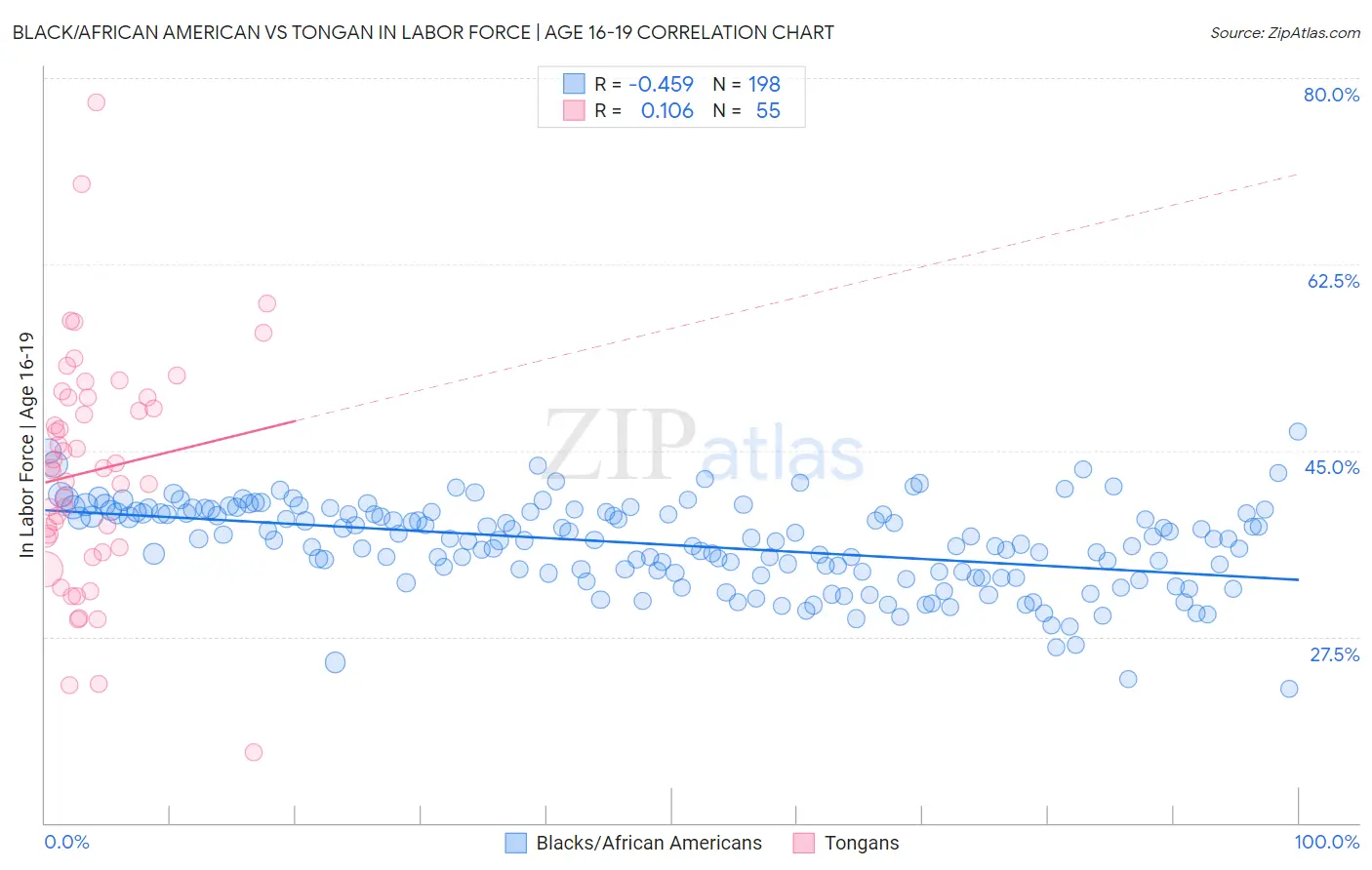 Black/African American vs Tongan In Labor Force | Age 16-19