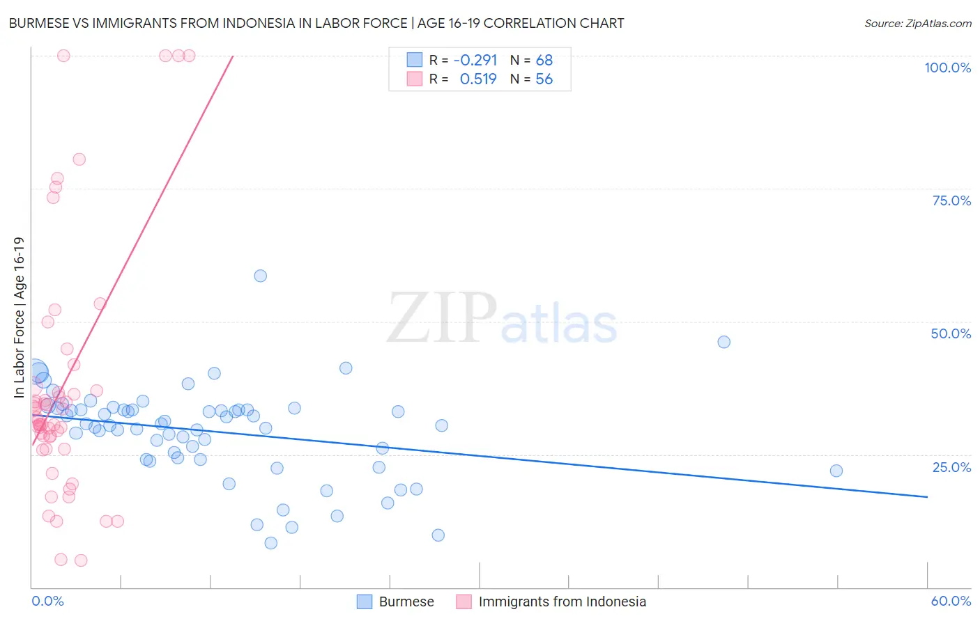 Burmese vs Immigrants from Indonesia In Labor Force | Age 16-19