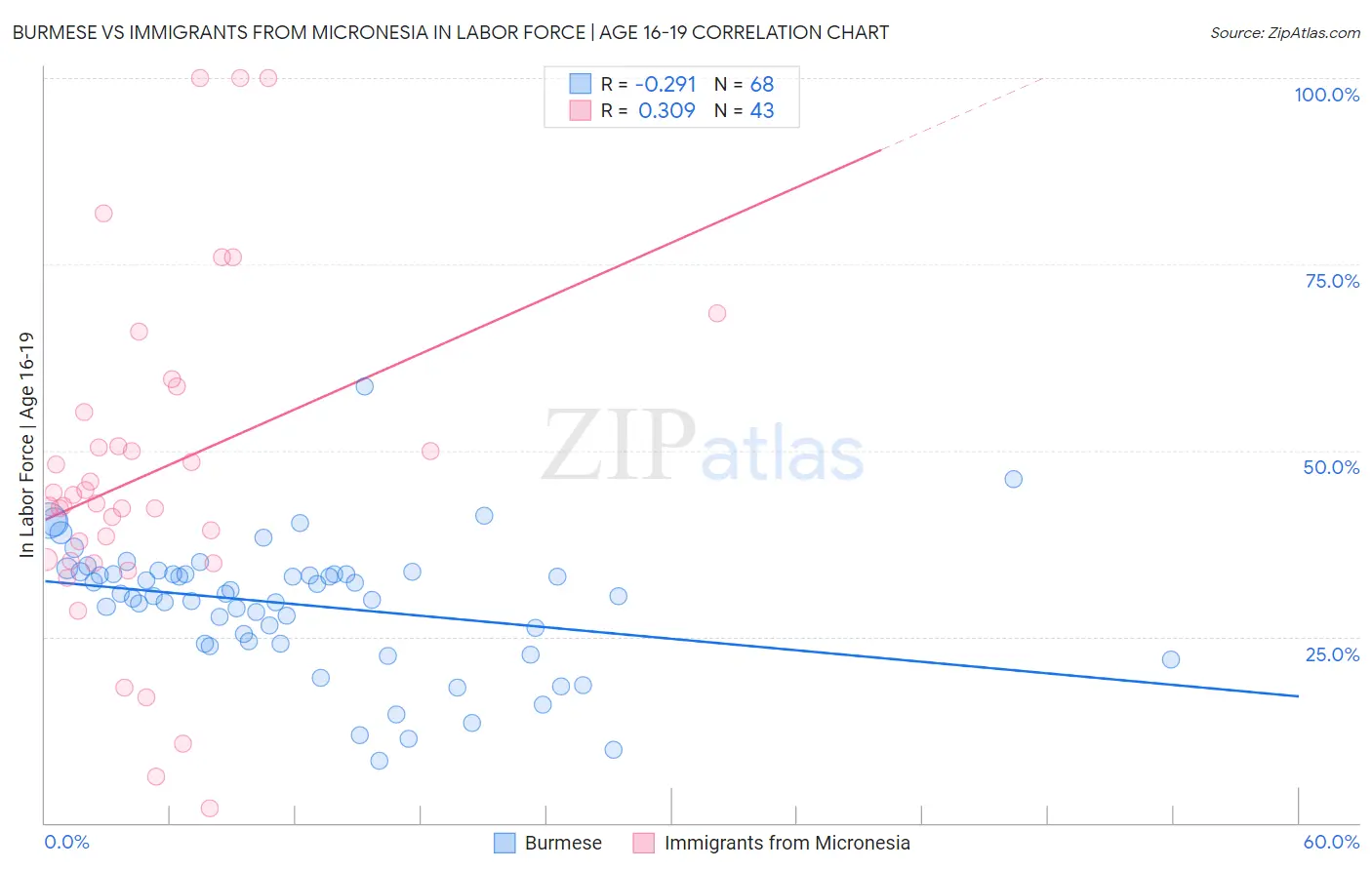 Burmese vs Immigrants from Micronesia In Labor Force | Age 16-19