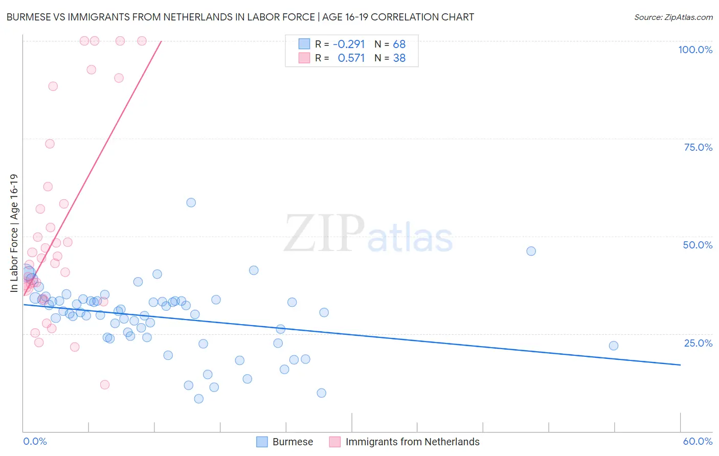 Burmese vs Immigrants from Netherlands In Labor Force | Age 16-19