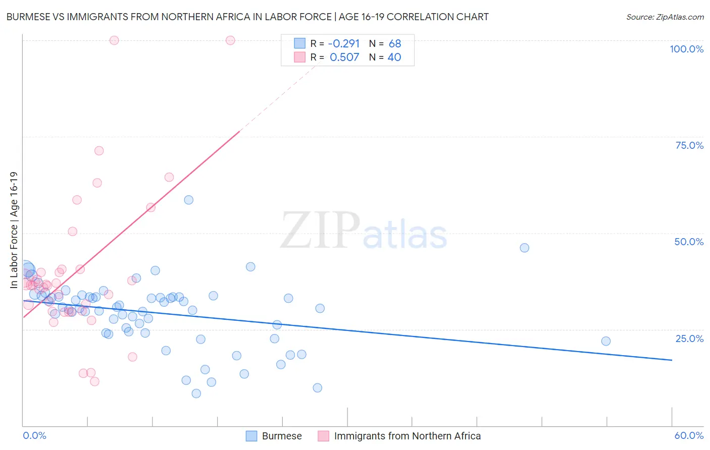 Burmese vs Immigrants from Northern Africa In Labor Force | Age 16-19
