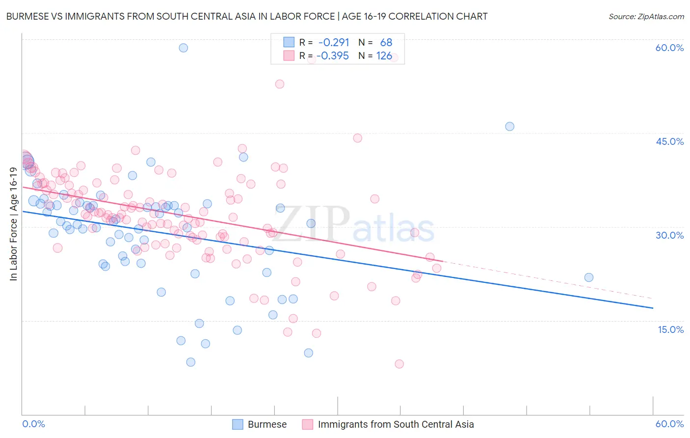 Burmese vs Immigrants from South Central Asia In Labor Force | Age 16-19