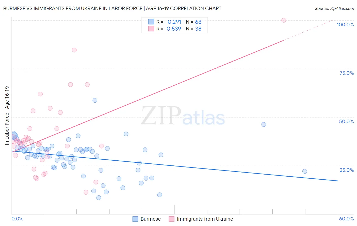 Burmese vs Immigrants from Ukraine In Labor Force | Age 16-19