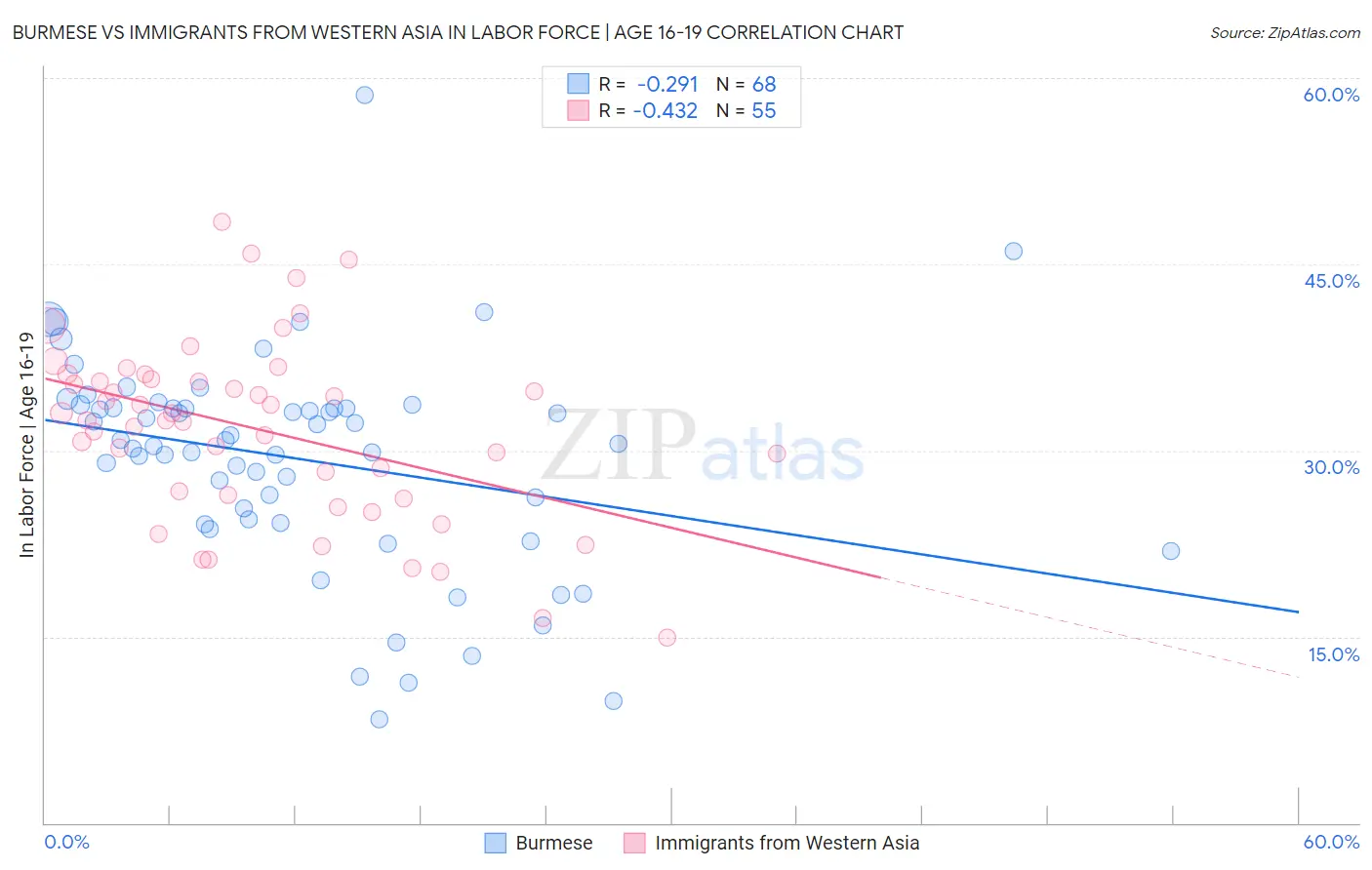 Burmese vs Immigrants from Western Asia In Labor Force | Age 16-19