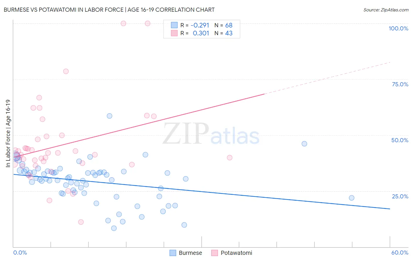 Burmese vs Potawatomi In Labor Force | Age 16-19