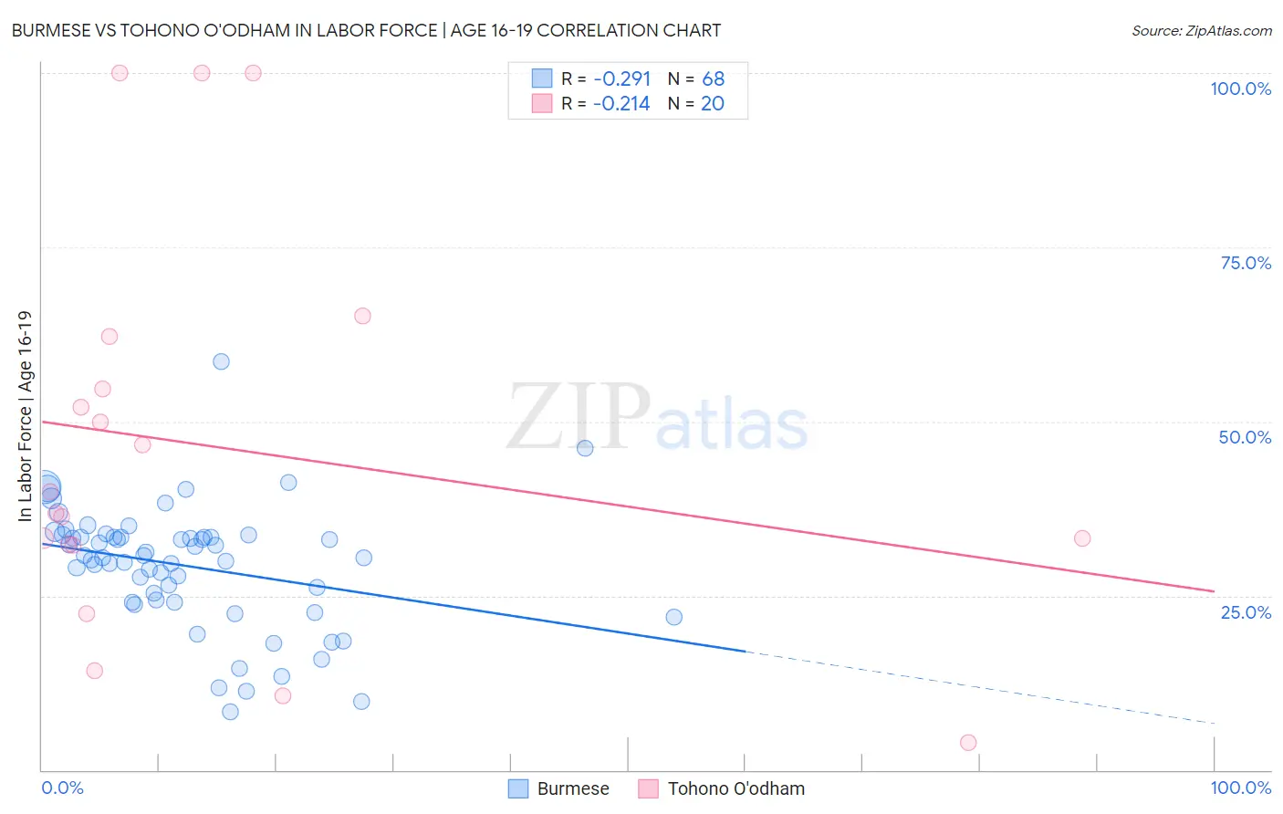 Burmese vs Tohono O'odham In Labor Force | Age 16-19