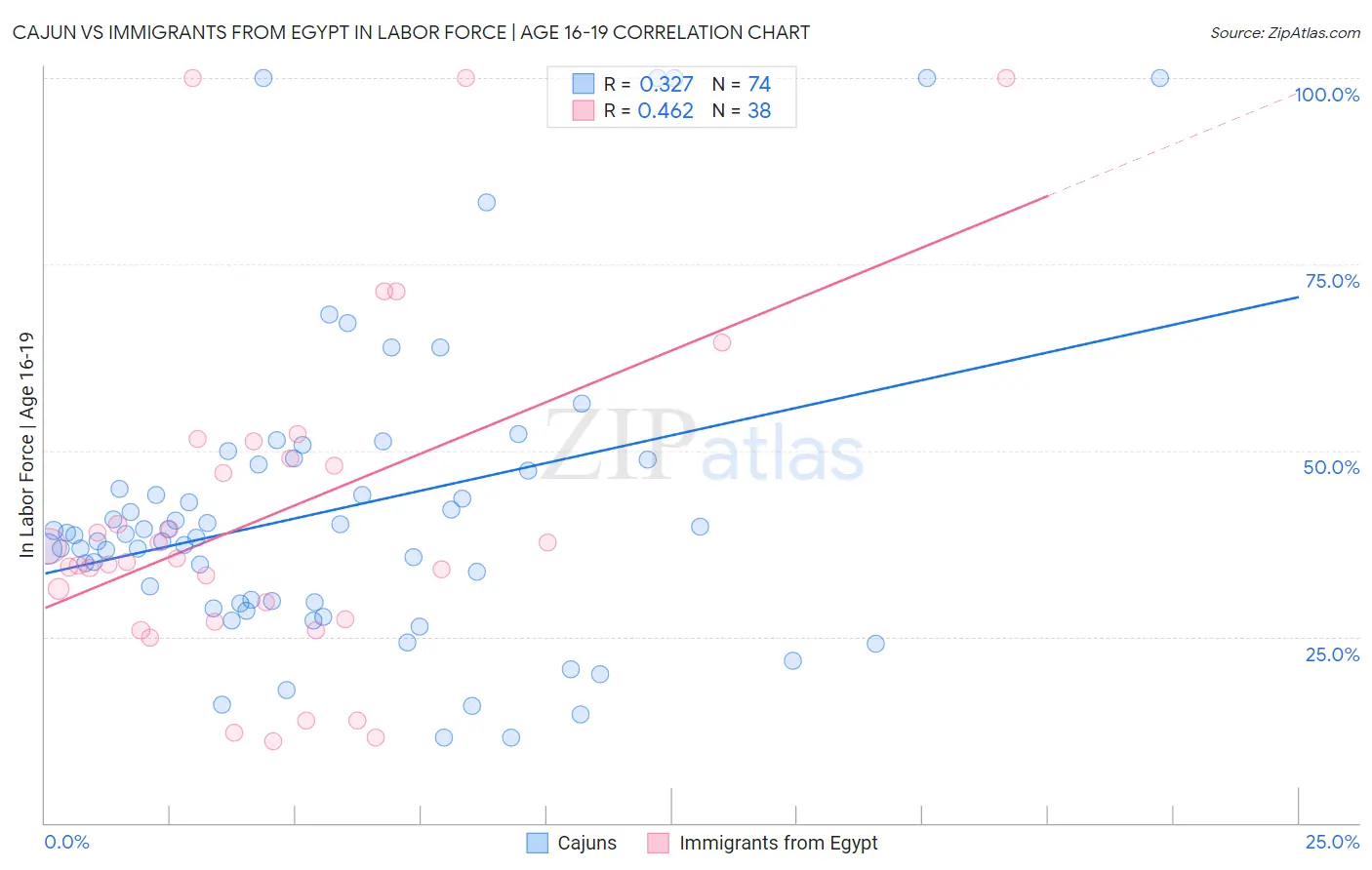 Cajun vs Immigrants from Egypt In Labor Force | Age 16-19