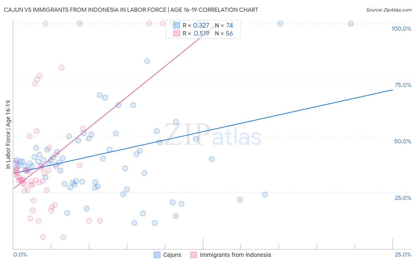 Cajun vs Immigrants from Indonesia In Labor Force | Age 16-19