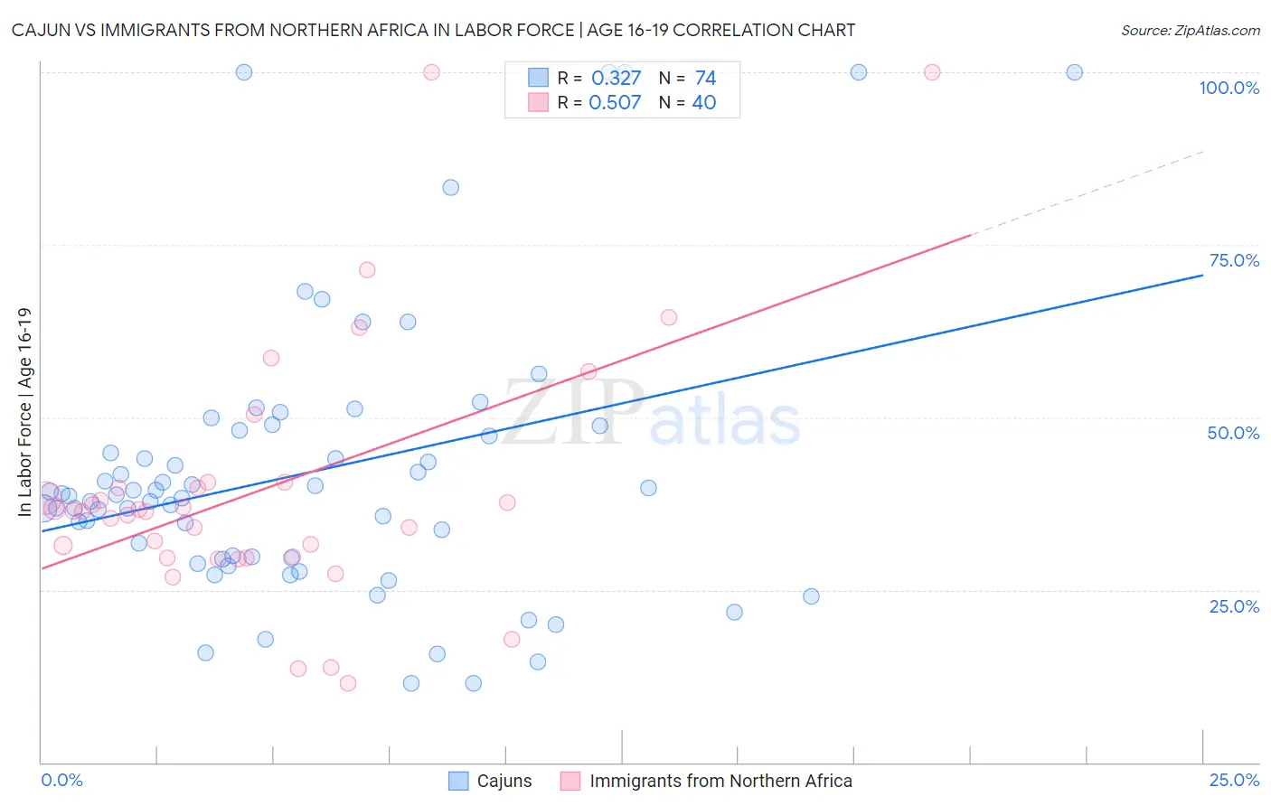 Cajun vs Immigrants from Northern Africa In Labor Force | Age 16-19