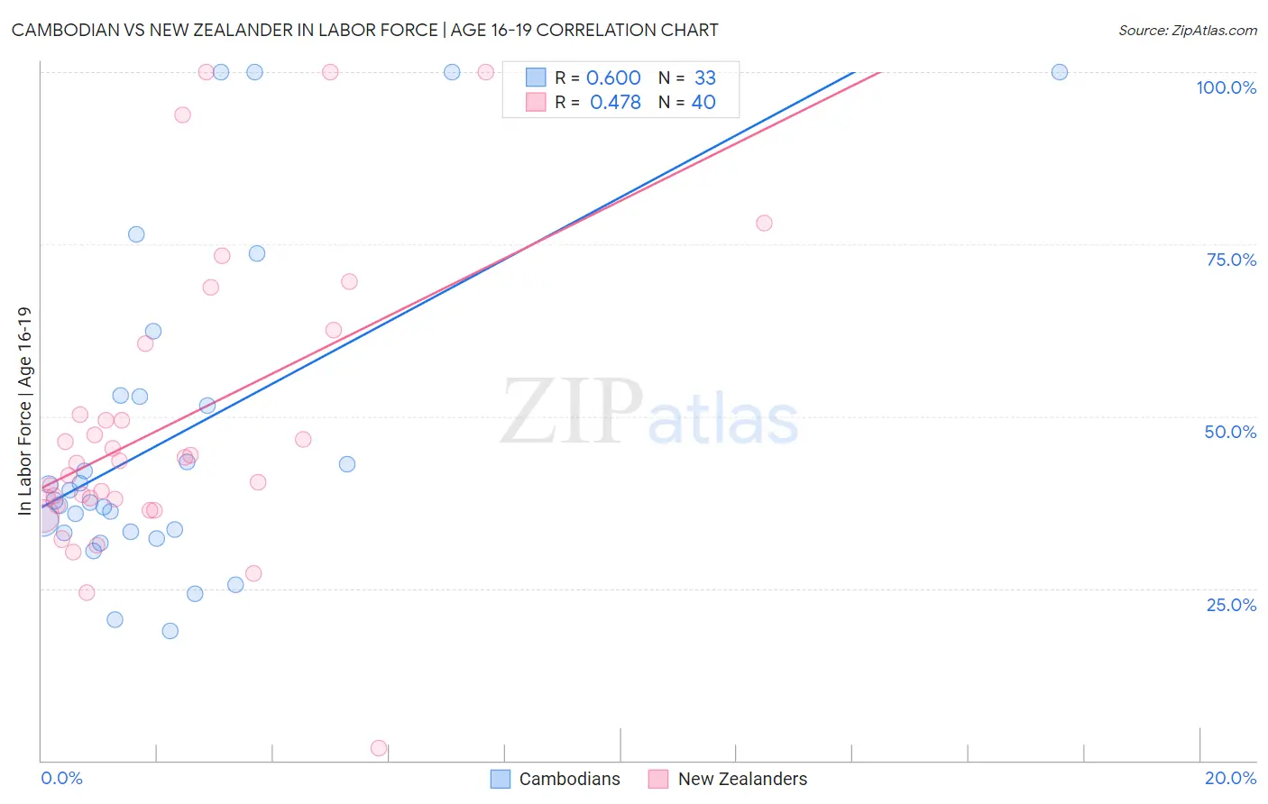 Cambodian vs New Zealander In Labor Force | Age 16-19