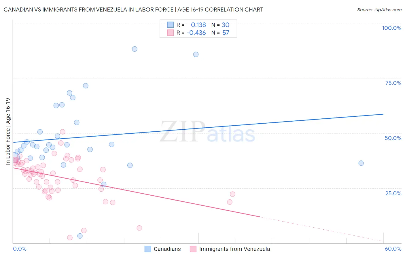 Canadian vs Immigrants from Venezuela In Labor Force | Age 16-19