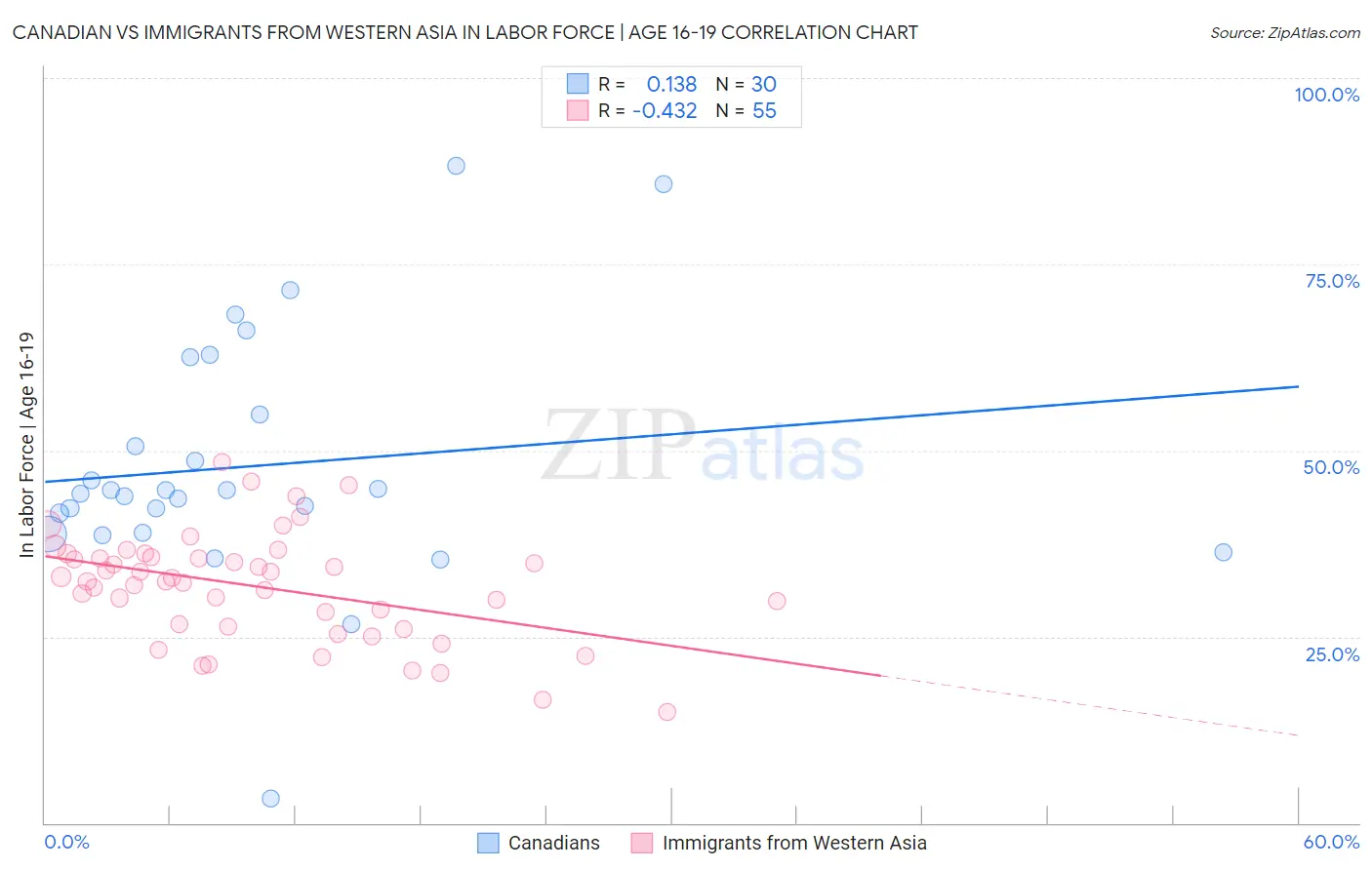 Canadian vs Immigrants from Western Asia In Labor Force | Age 16-19