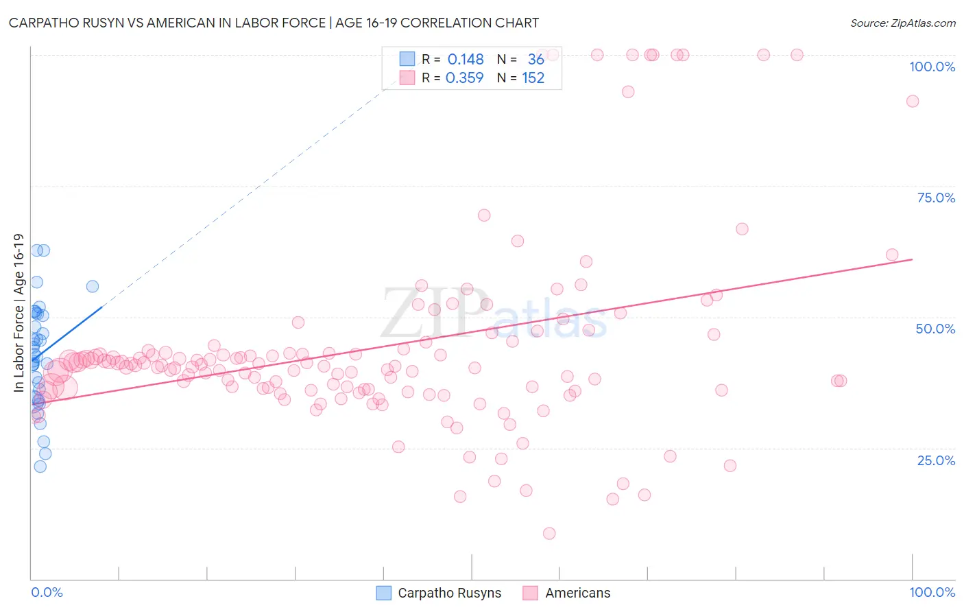 Carpatho Rusyn vs American In Labor Force | Age 16-19
