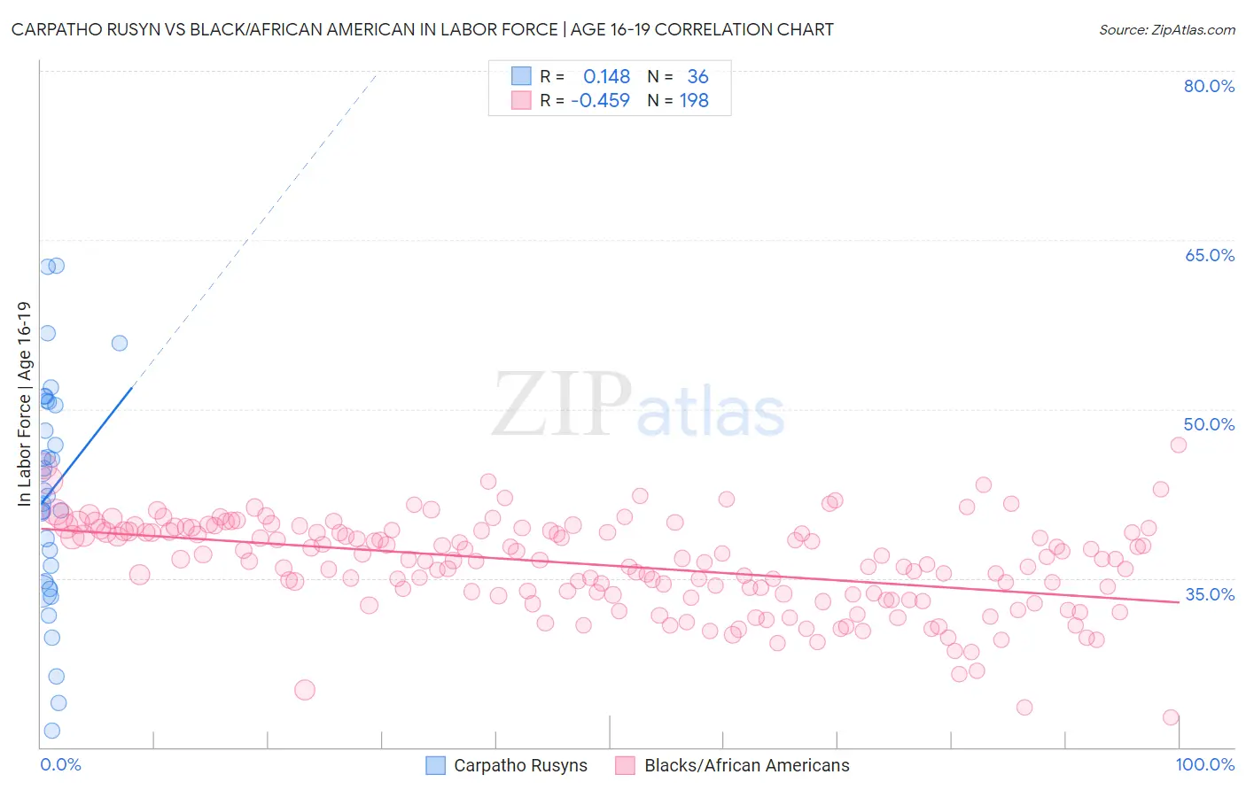 Carpatho Rusyn vs Black/African American In Labor Force | Age 16-19