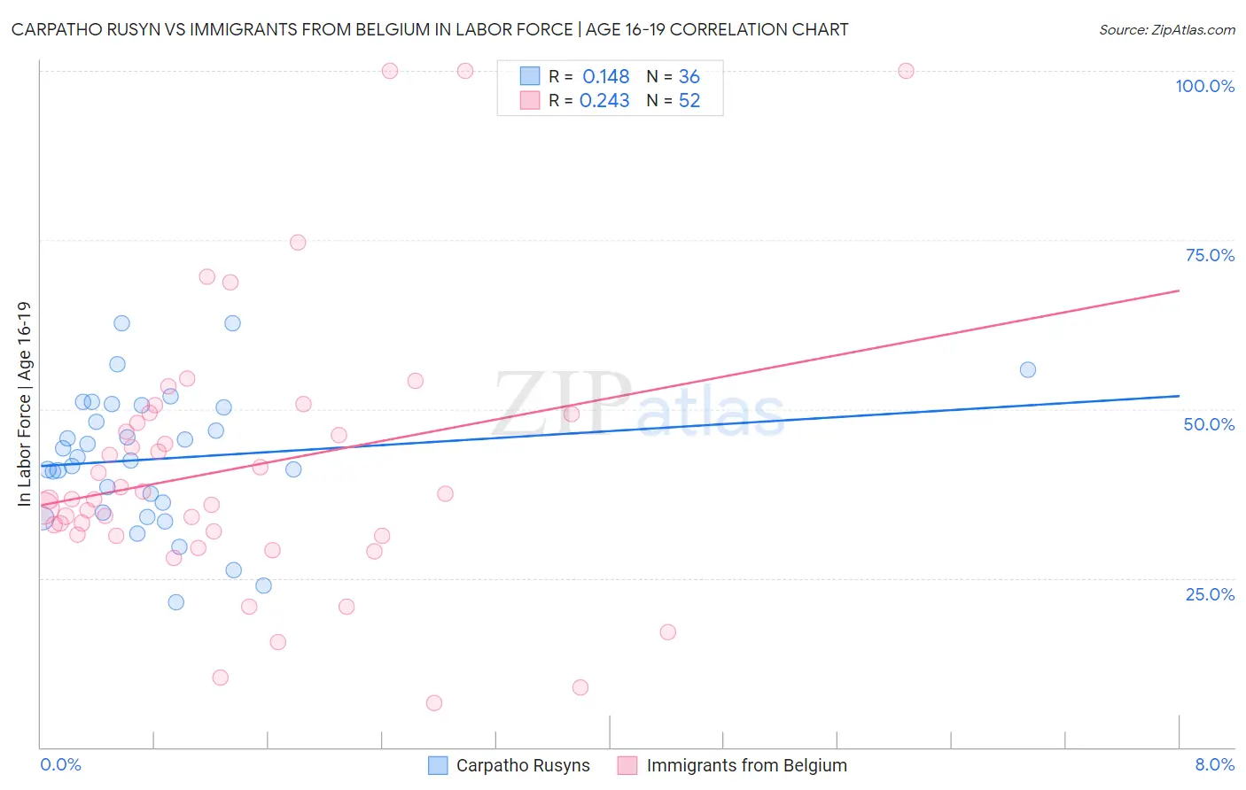 Carpatho Rusyn vs Immigrants from Belgium In Labor Force | Age 16-19