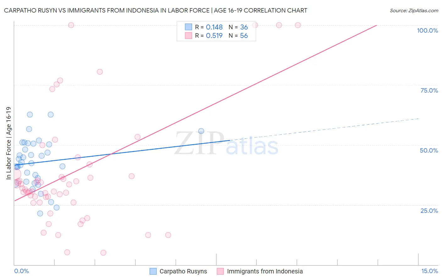 Carpatho Rusyn vs Immigrants from Indonesia In Labor Force | Age 16-19