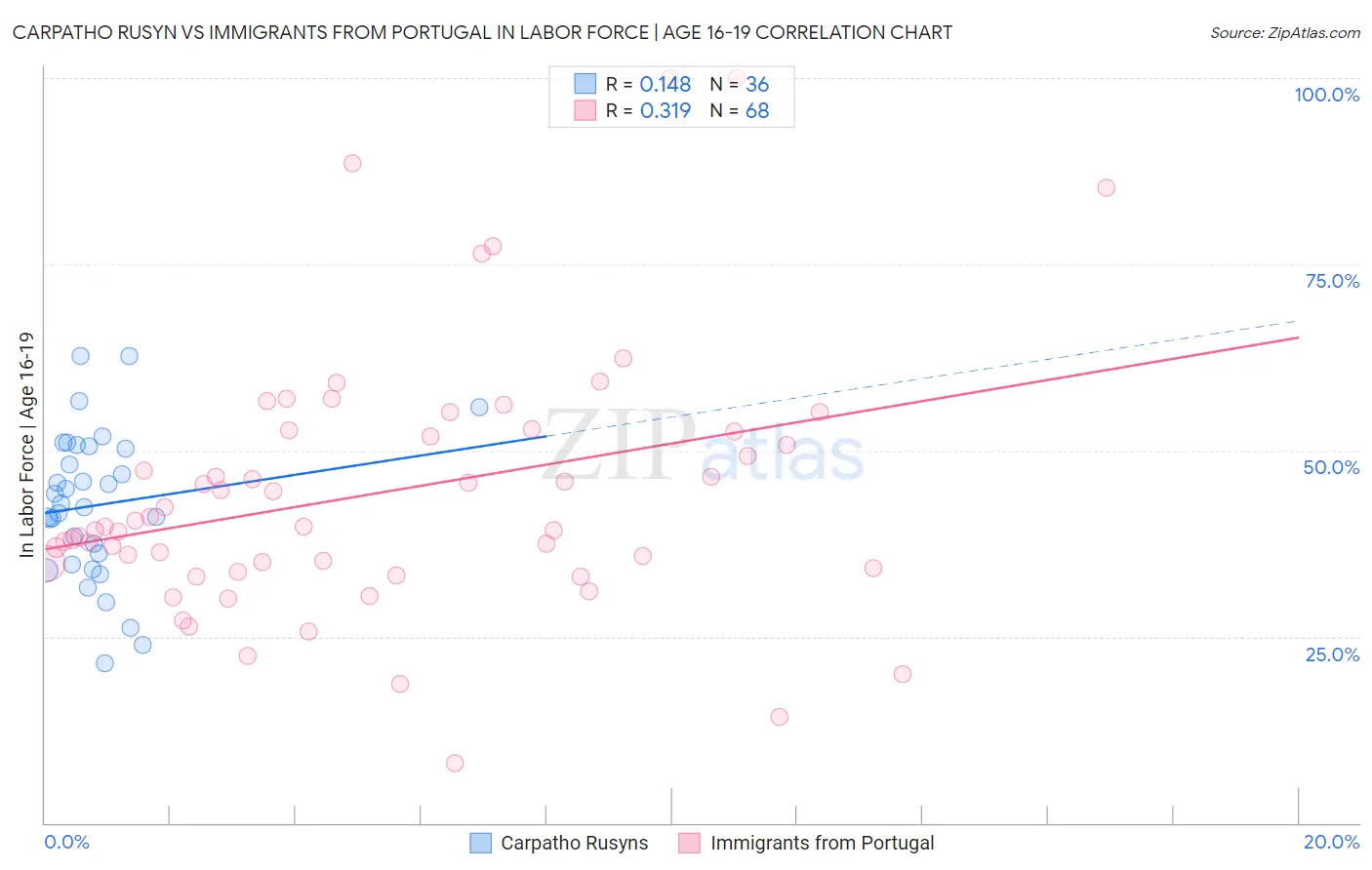 Carpatho Rusyn vs Immigrants from Portugal In Labor Force | Age 16-19