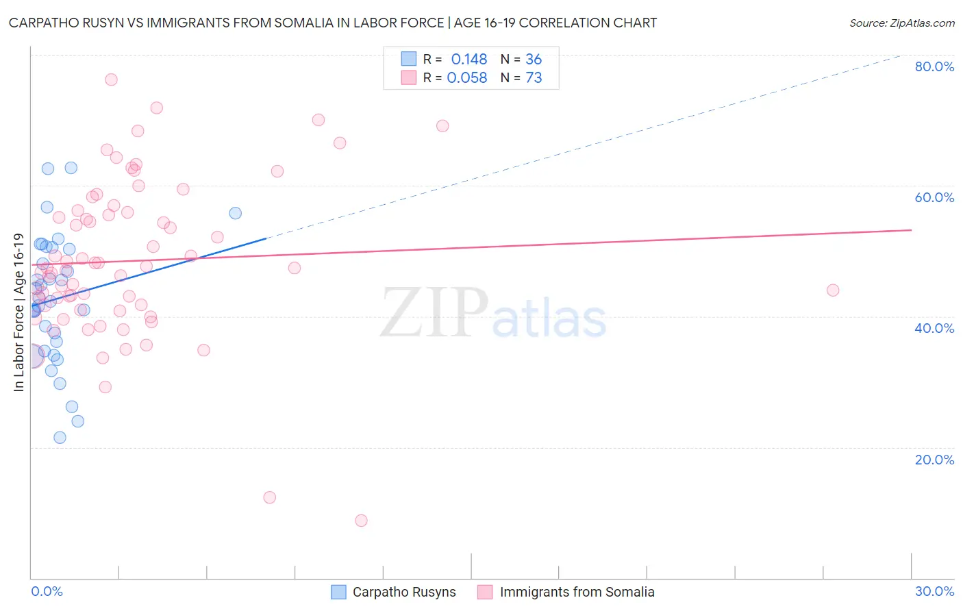Carpatho Rusyn vs Immigrants from Somalia In Labor Force | Age 16-19