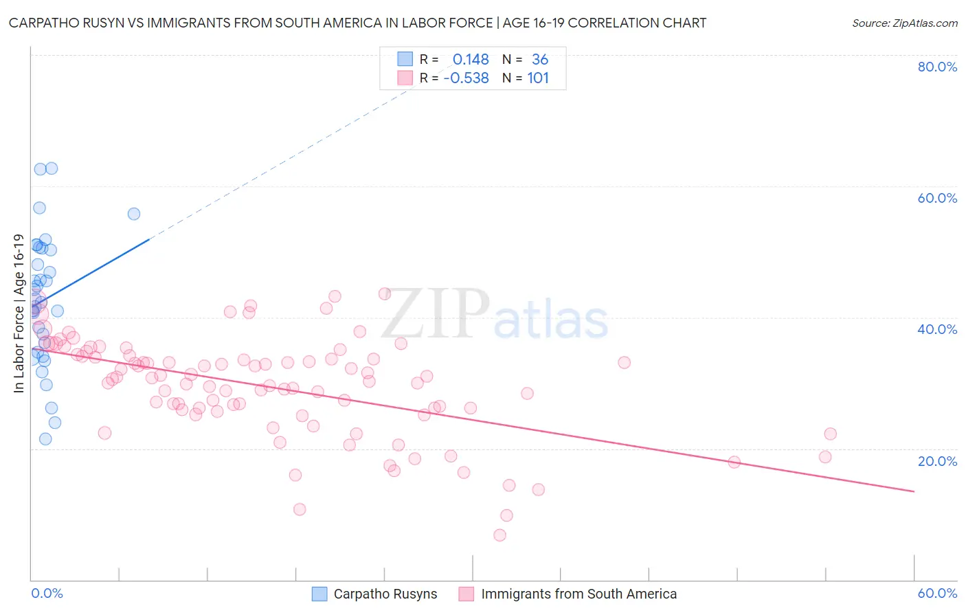Carpatho Rusyn vs Immigrants from South America In Labor Force | Age 16-19