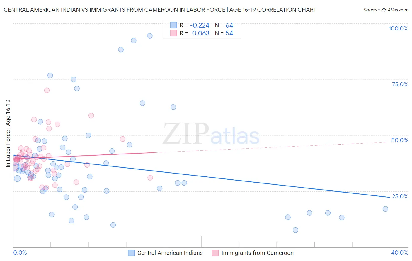 Central American Indian vs Immigrants from Cameroon In Labor Force | Age 16-19