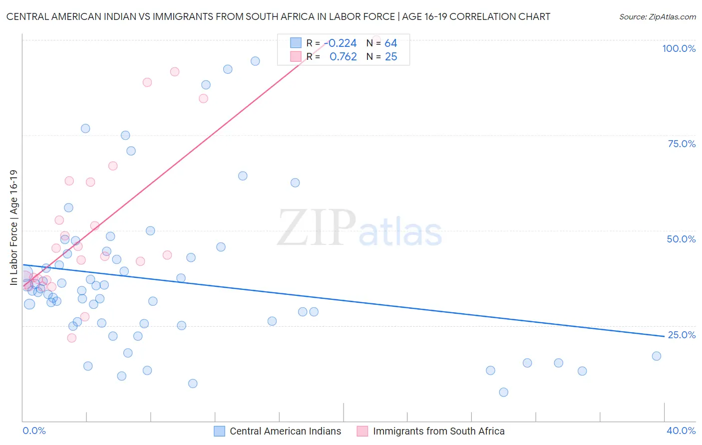 Central American Indian vs Immigrants from South Africa In Labor Force | Age 16-19