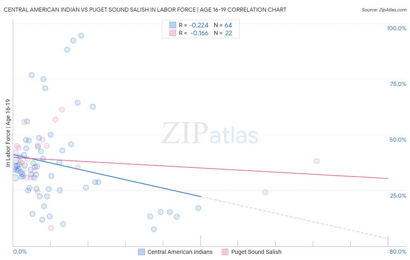 Central American Indian vs Puget Sound Salish In Labor Force | Age 16-19