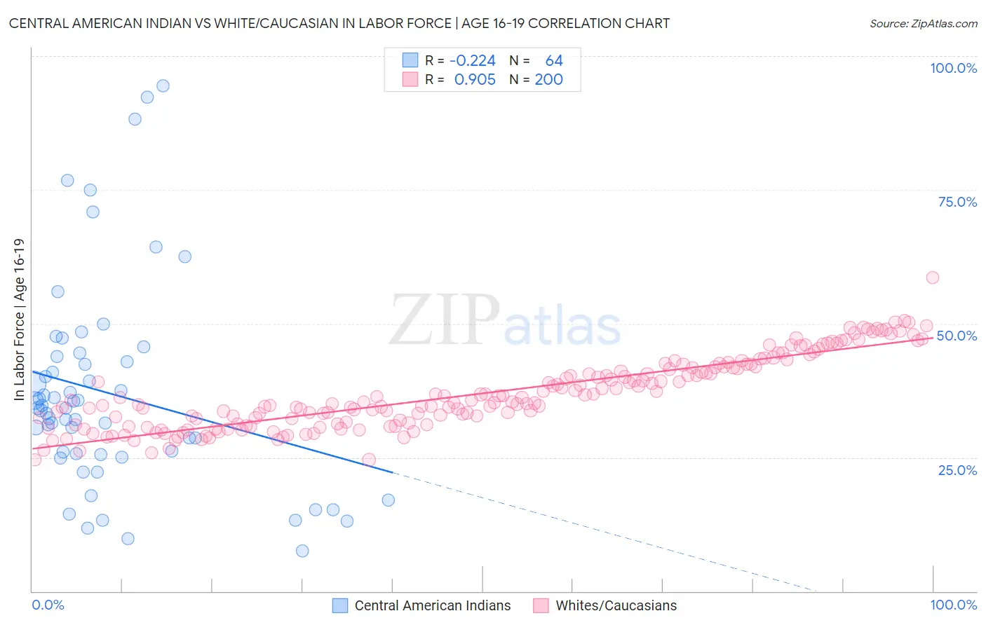 Central American Indian vs White/Caucasian In Labor Force | Age 16-19