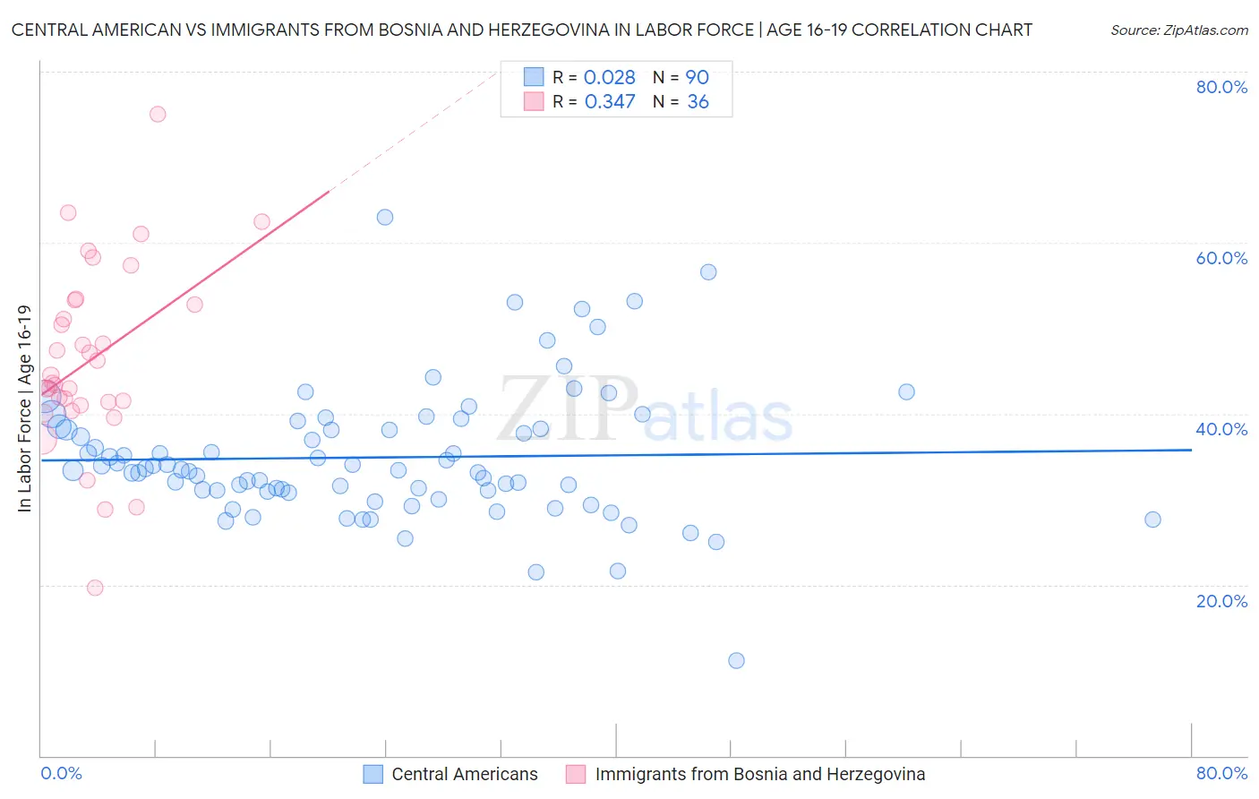 Central American vs Immigrants from Bosnia and Herzegovina In Labor Force | Age 16-19