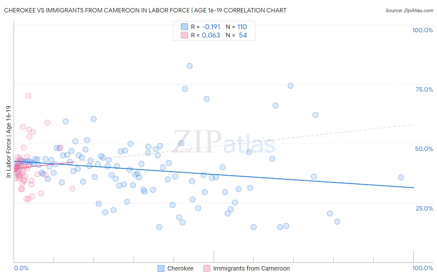 Cherokee vs Immigrants from Cameroon In Labor Force | Age 16-19